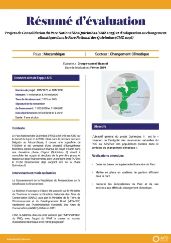 Résumé d'évaluation - Projets de consolidation  du parc national des Quirimbas et d'adaptation au changement climatique, Mozambique